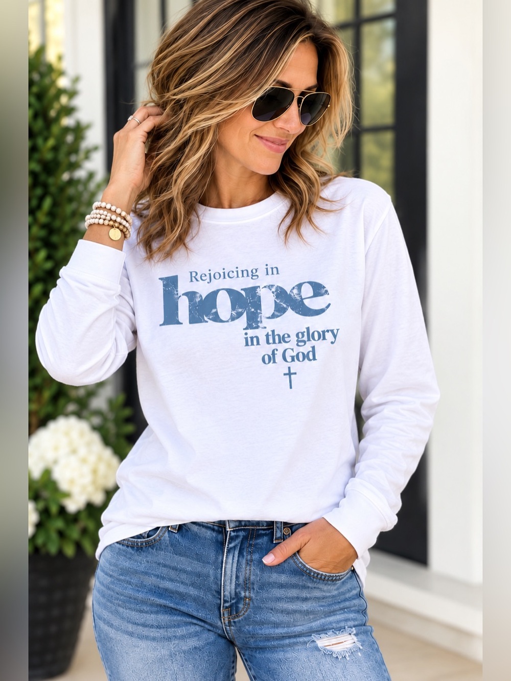 Port and Company White Long Sleeve Rejoicing in Hope of the glory of God